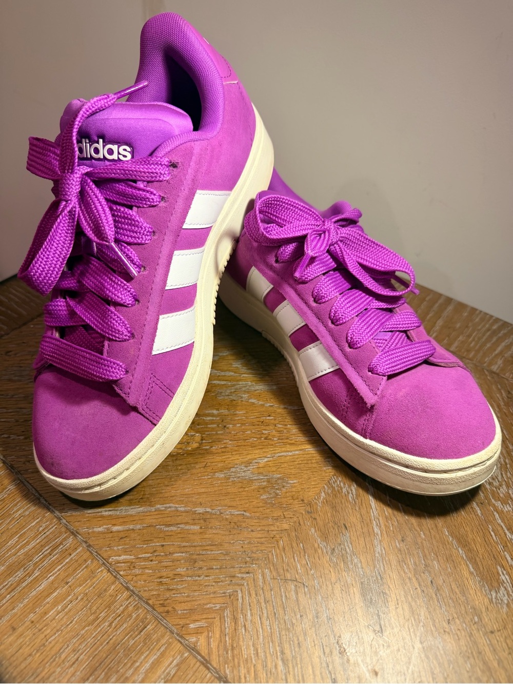 adidas Women’s Bright Pink Suede Court Sneakers with White Stripes